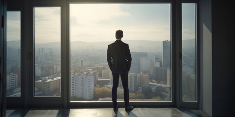 businessman standing in front of window, overlooking to the city, generative ai