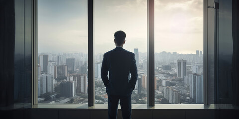 Fototapeta premium businessman standing in front of window, overlooking to the city, generative ai
