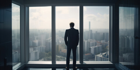 Fototapeta na wymiar businessman standing in front of window, overlooking to the city, generative ai