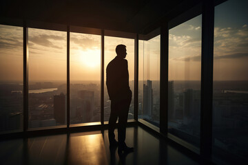Fototapeta na wymiar businessman standing in front of window at sunset, overlooking to the city, generative ai