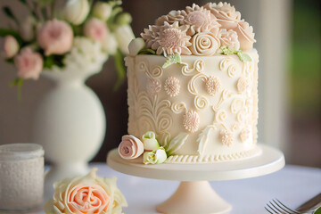 Obraz na płótnie Canvas Wedding Flower Cake Masterpiece - Stunning Floral Design and Delicious Cream Filling - ai generated