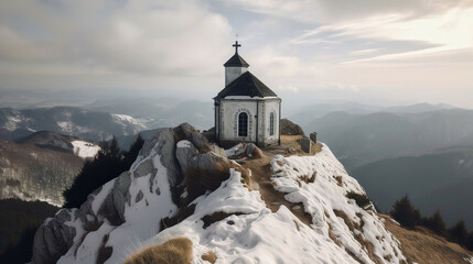 little white chapel in the mountains, church on the top of a summit, generative ai