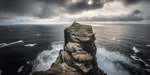 lonely person standing on the edge of a cliff next to the ocean at sunset, beautiful epic cloudy sky, generative ai