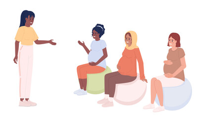 Fitness instructor with pregnant women on exercise balls semi flat color vector characters. Editable full body people on white. Simple cartoon style spot illustration for web graphic design, animation