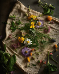 Warm Still life of herbs and edible flowers