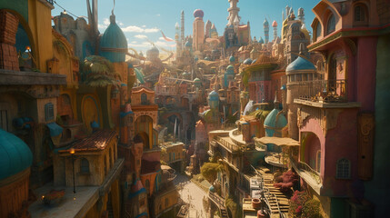 Fototapeta na wymiar fantasy rpg game city, golden towers, bright blue sky, fantasy landscape, middle-eastern design, generative ai