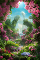 Paradise garden full of flowers, beautiful idyllic  background with many flowers in eden, 3d illustration. Generative Ai.