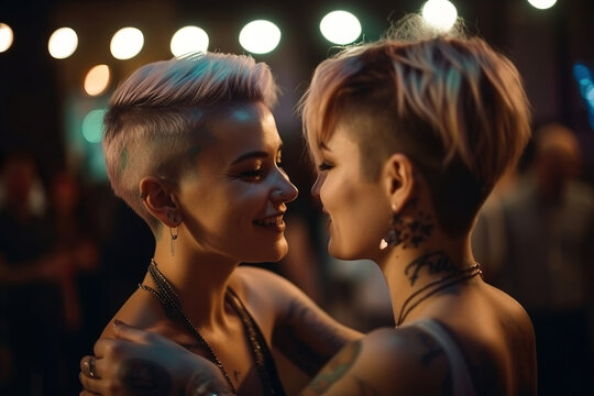 young smiling lesbian couple dance together in a club, bokeh lights background, generative ai