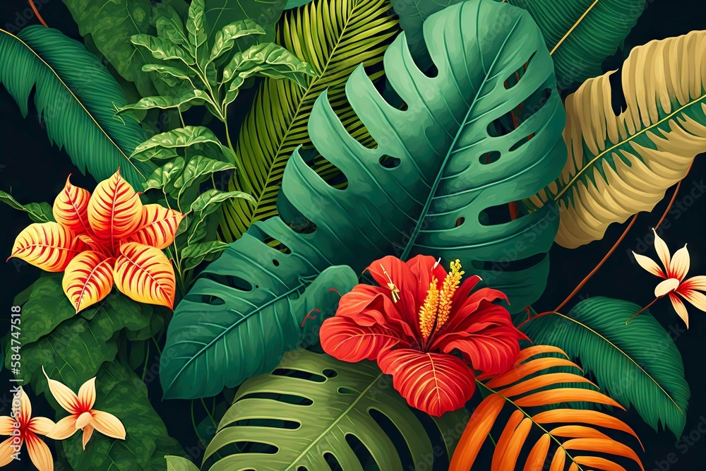 Poster tropical leaves with blooming flower background, created with generative ai