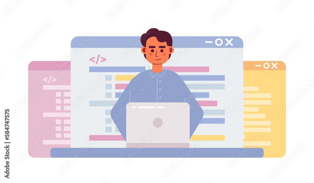 Poster coding career flat concept vector spot illustration. programmer. editable 2d cartoon character on wh