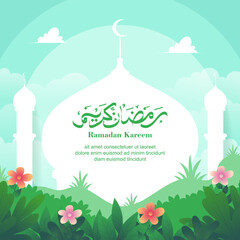 Beautiful Ramadan Kareem background with silhouette of mosque and green floral ornaments