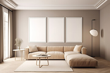 modern living room interior with comfortable furnitures,  contemporary design, empty frames on the wall, generative ai
