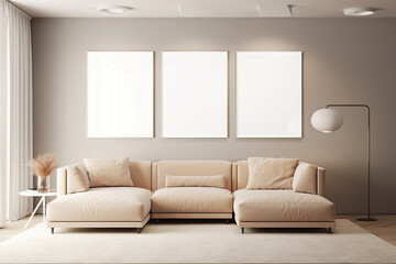 Fototapeta na wymiar modern living room interior with comfortable furnitures, contemporary design, empty frames on the wall, generative ai