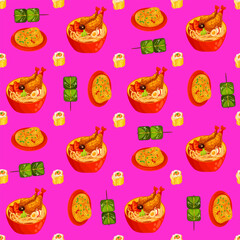 Chinese food seamless pattern. Hand drawn different types of asian food in wooden steamers repeating background. Tasty chinese food, delicious har gao, sticky rice, rolls.