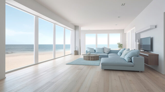 modern living room interior with comfortable furnitures,  contemporary beach house, view to the ocean, light and airy design, generative ai