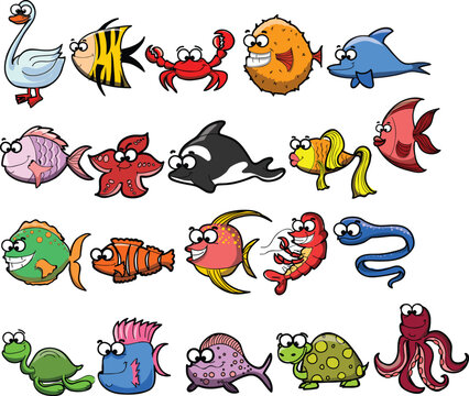 Set of sea and ocean underwater animals. Cute aquatic turtle, whale, narwhal, dolphin, octopus and colorful fishes. Childish colored flat cartoon vector illustration
