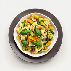 healthy plate with pasta, vegetables and basil