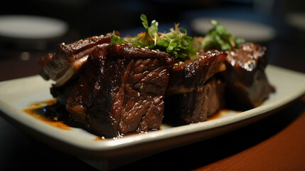 Sliced grilled meat, herbs and spices. on a wooden plate, on a dark background
