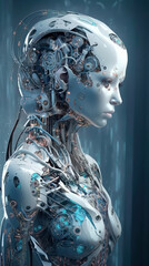 beautiful Cyborg metallic woman in blue and white tones, illustration, Generative AI
