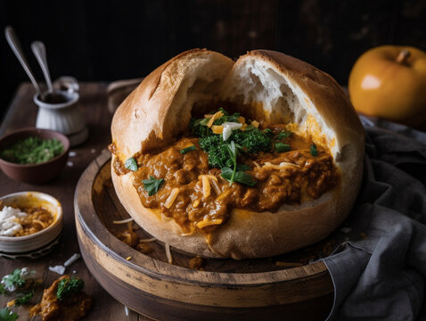 South African Spicy Curry Bunny Chow Bread Bowl On A Table | Generative AI