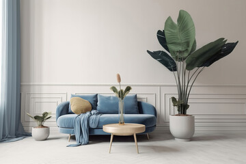 modern living room with blue sofa, green indoor plant, blank empty wall, contemporary design, generative ai