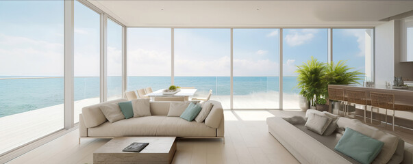 modern living room interior with comfortable furnitures, contemporary beach house, view to the ocean, light and airy design, generative ai