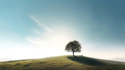 lonely tree standing on the hill, clear sky, green meadow, generative ai