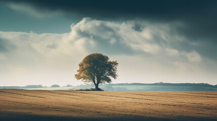 lonely tree standing in the summer field, cloudy sky, generative ai