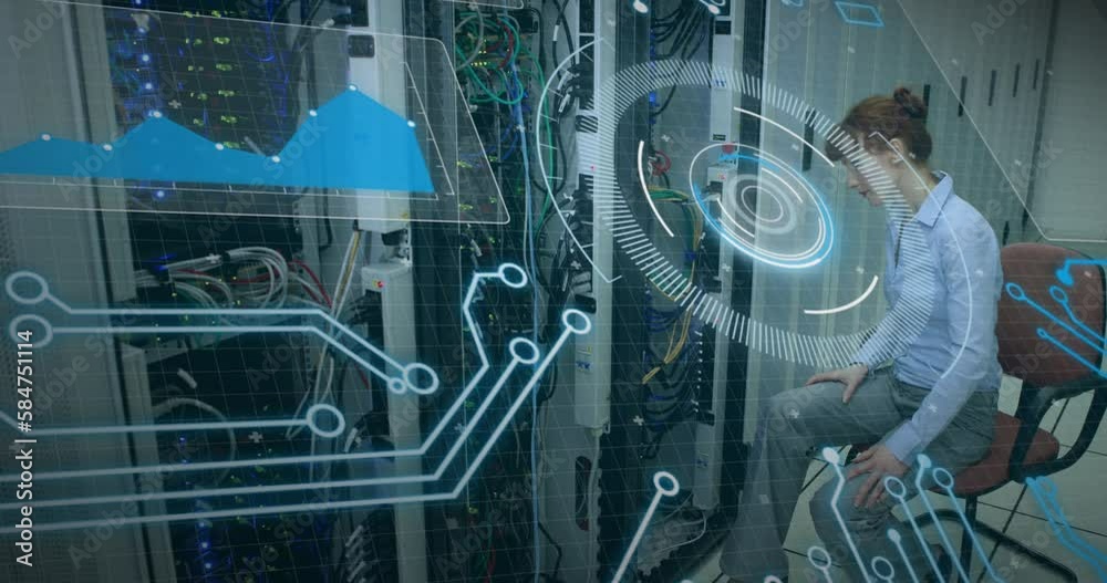 Poster animation of interface with data processing over caucasian female engineer working at server room