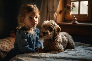 Adorable girl sitting with her dog near the window
