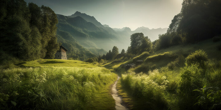 beautiful morning in the green alpine mountains, environment protection landscape concept, generative ai