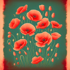 Retro poppy blossom illustration print poster - Vector - generative ai