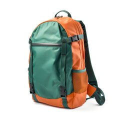 Modern design backpack made of orange and green material. Isolated on white background. Its design is adapted to its use.