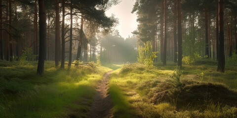 Obraz premium sun rays through the healthy morning pine forest, green environment protection concept, generative ai