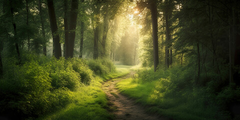 Obraz premium sun rays through the healthy morning forest, green environment protection concept, generative ai