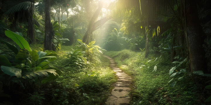 sun rays through the healthy morning jungle rainforest, green environment protection concept, generative ai