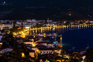 Evening aerial view of Ohrid town, North Macedonia