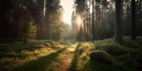 Fototapeta premium sun rays through the healthy morning pine forest, green environment protection concept, generative ai