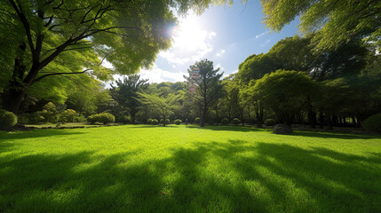 Fototapeta premium golf course in the morning, beautifully maintained fresh green lawn, clear blue sky, generative ai