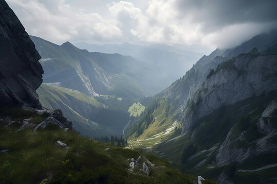 view from the top of the mountain down to the green rocky valley, generative ai