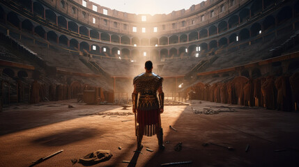 Ancient Roman gladiator standing on the arena in front of a crowd in a Colosseum. Generative AI - obrazy, fototapety, plakaty