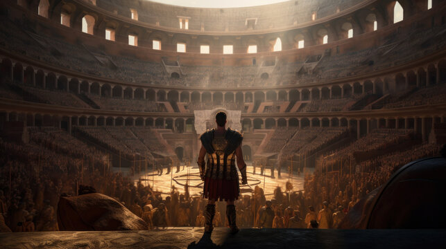 Ancient Roman gladiator standing on the arena in front of a crowd in a Colosseum. Generative AI