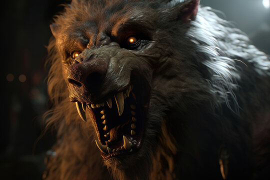 portrait of a warewolf with glowing eyes, generative ai