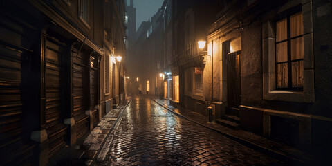 moody street in the old england town at night, lanterns, narrow street, generative ai