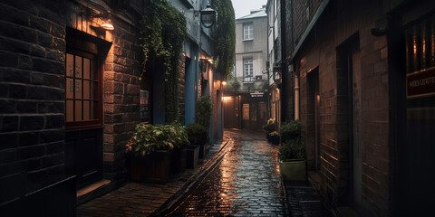 Fototapeta premium moody street in the old england town, lanterns, narrow street, generative ai