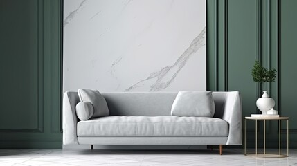 Stunning tranquil geometric marble wall and sofa with an empty mock - up wall. Room for copy with empty space. Generative ai.