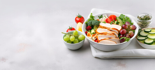 fress healthy food on white background, chicken and tomato on a white plate, healthy life concept, generative ai