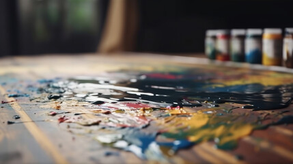 Fototapeta premium brushes and paint palette, oil paints mixing on surface, painter workshop, generative ai