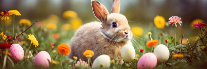 Adorable easter bunny with easter eggs in a flowery meadow. Generative AI