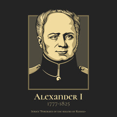 Alexander I (1777-1825) was the emperor of Russia from 1801, the first king of Congress Poland from 1815, and the grand duke of Finland from 1809 to his death in 1825.